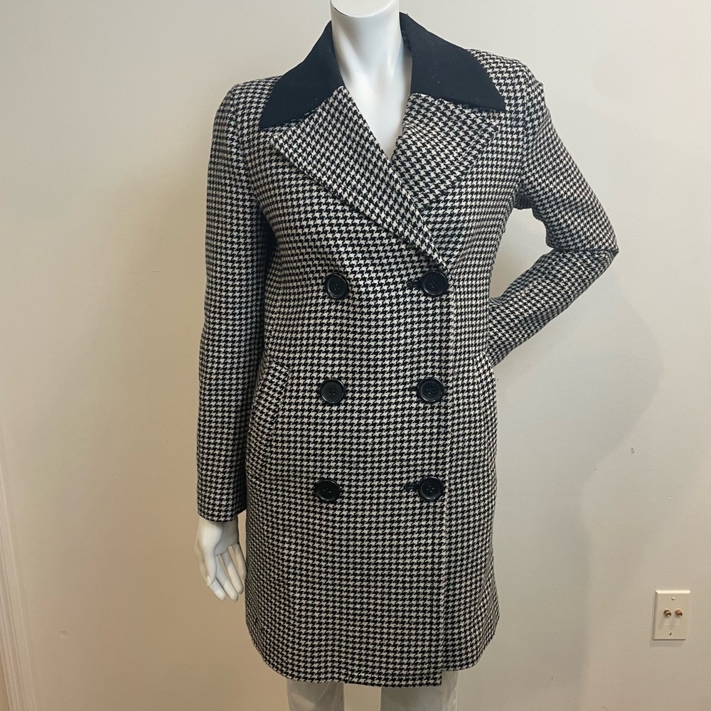 J. CREW Black & White Wool Blend Houndstooth Mid-Length Pea Coat